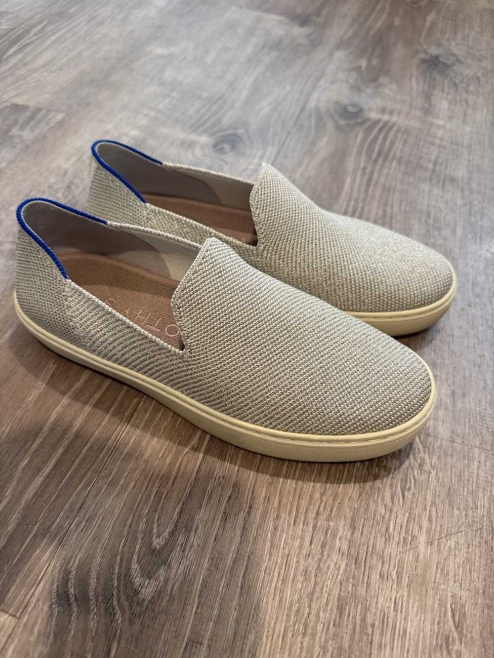 Rothy's Cream Woven Slip-On Sneakers with Blue Heel Trim